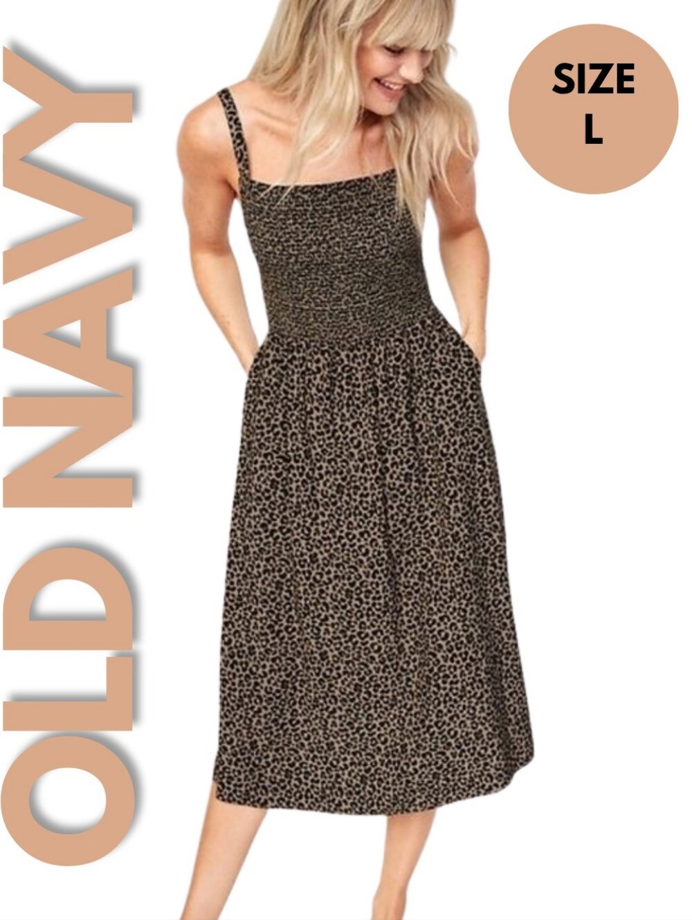 NWOT Old Navy Cheetah/Leopard Print Fit & Flare Smocked Midi Dress Size L
